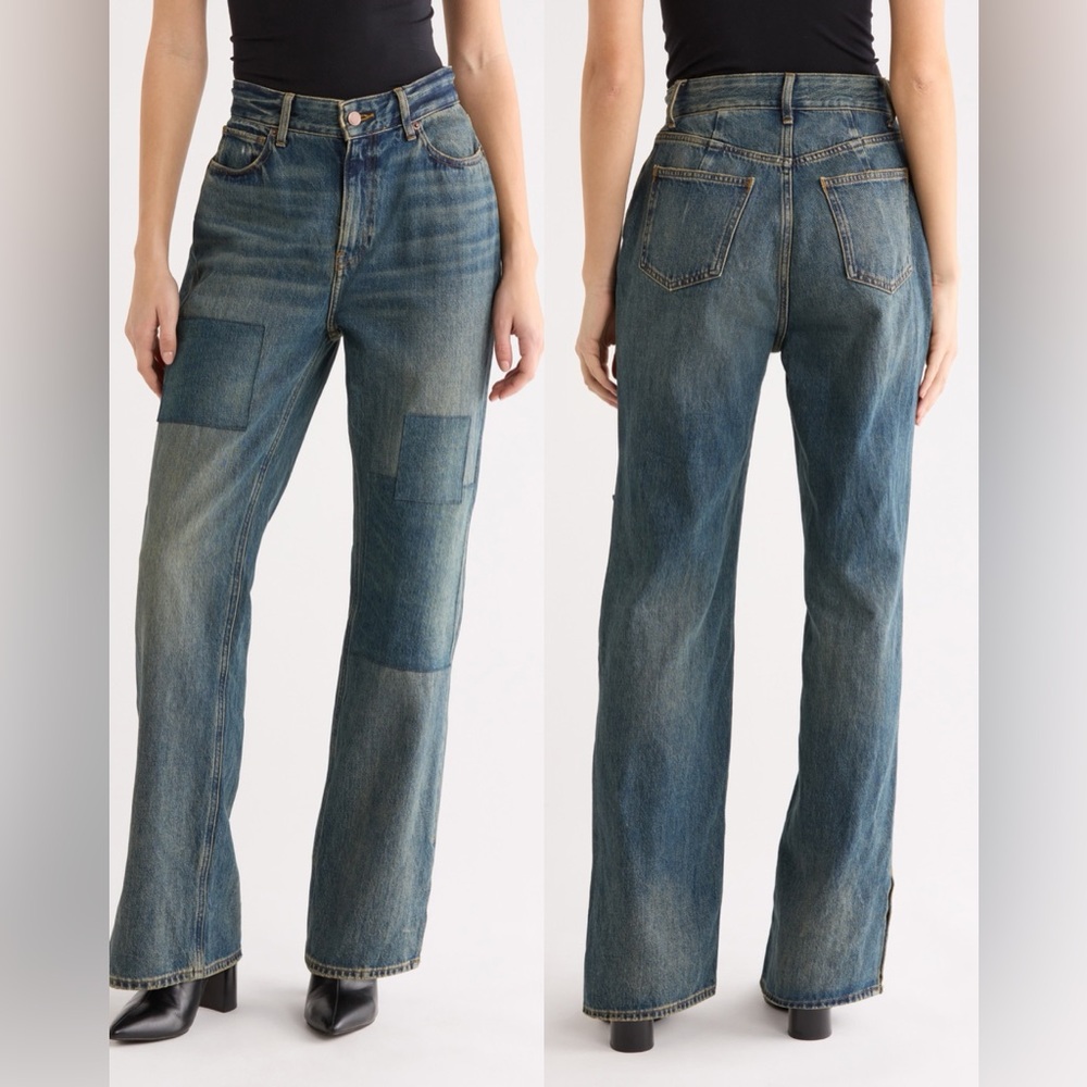 The Khloe High Waist Patch Denim Straight Leg Jeans Size 0/25 NWT